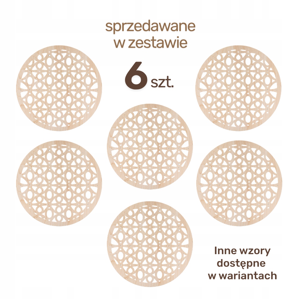 Zestaw 6 Podkładek pod Kubek Drewniane Ażurowe Boho P01 WZORY DO WYBORU - obrazek 2