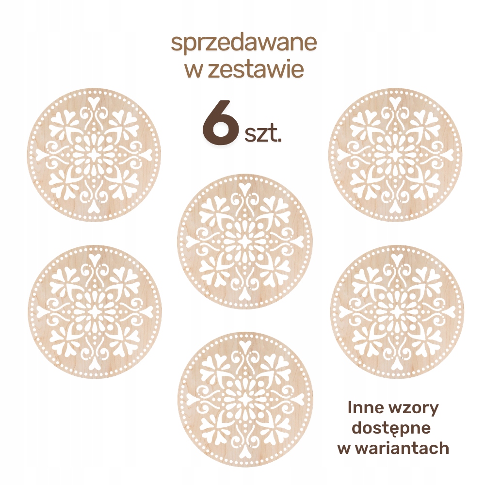 Zestaw 6 Podkładek pod Kubek Drewniane Ażurowe Boho P04 WZORY DO WYBORU - obrazek 2