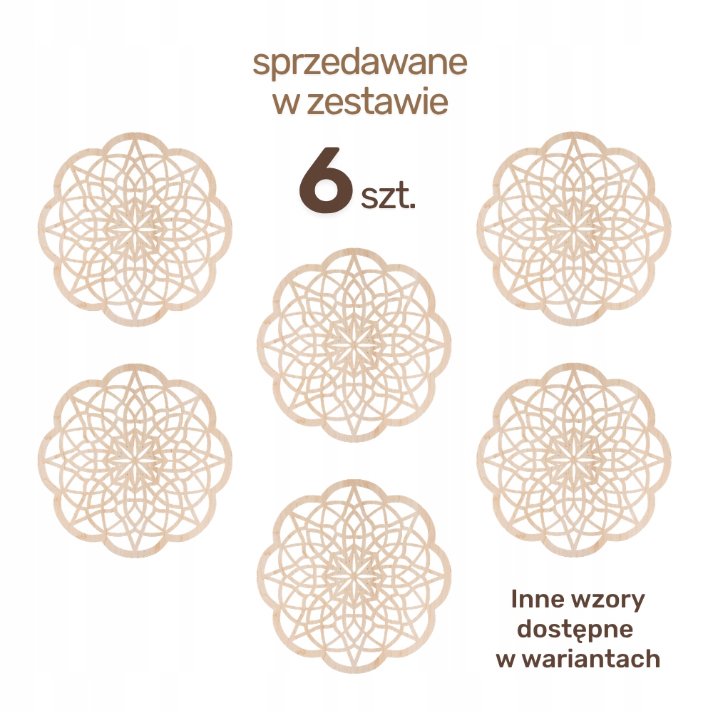 Zestaw 6 Podkładek pod Kubek Drewniane Ażurowe Boho P07 WZORY DO WYBORU - obrazek 2